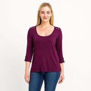 2/$30 White House Black Market 3/4 Sleeve Epaulette Solid Tee Burgundy XL #A0729